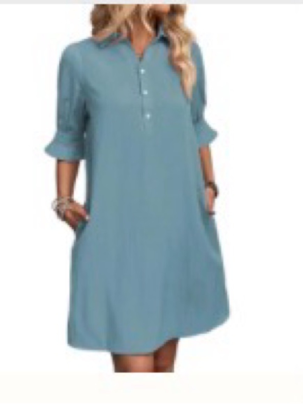 Light Blue Shirt Dress with Button Placket